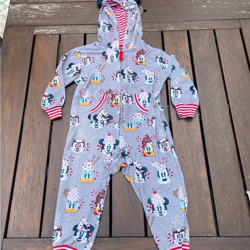 Disney Parks  Grey Hooded One-Piece with Holiday Character Print 3T